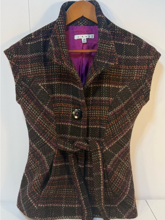 CAbi Jackets & Blazers - CAbi Tweed Belted Jacket Plaid Wool Blend Statement Collar Structured XS